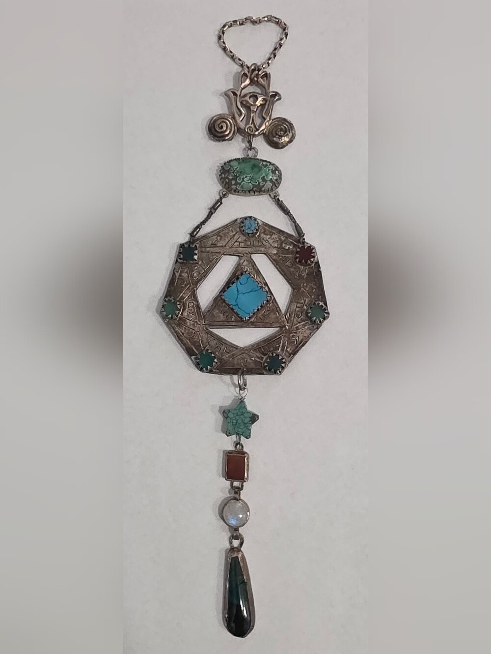 Vintage Judaica Kabbalah Hamsa Silver Wall Hanging Turquoise Hebrew Amulet